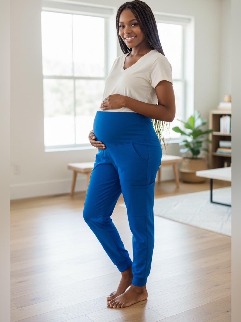 NEW Women’s Bright Blue High-Waist Maternity Pocket Nurse Career Pants Joggers